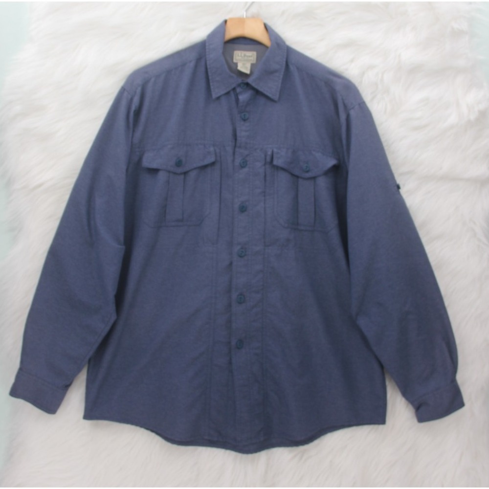 LL Bean Outdoors Shirt Mens Large Blue Nylon Button Down Hiking Fishing ODVH2